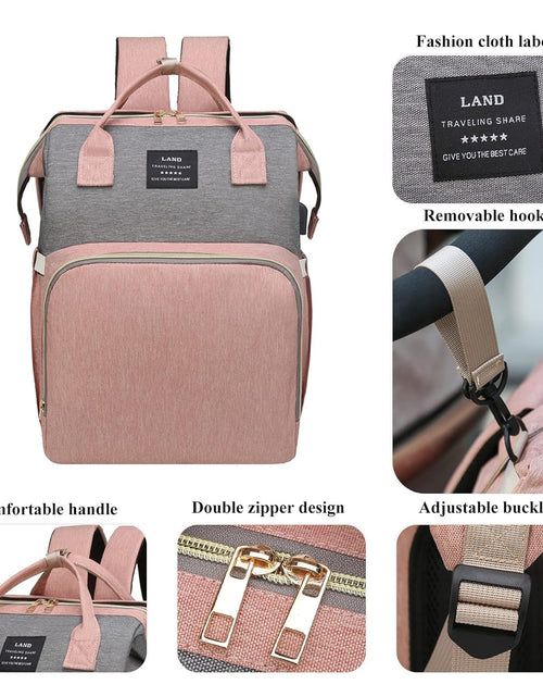 Load image into Gallery viewer, Diaper Bag Backpack with Changing Station,7 in 1 Travel Foldable Baby Diaper Bag,Mommy Bag Diaper Bag Changing Station Multi-Function Waterproof with Mattress and USB Charging Port (Pink-Grey)
