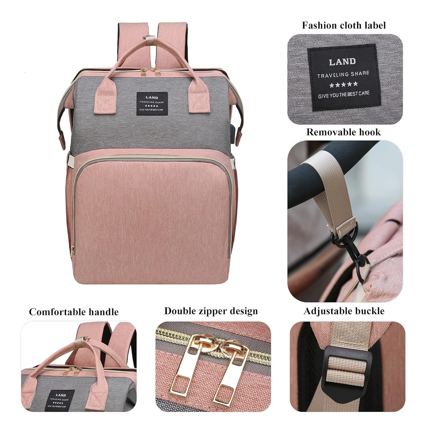 Diaper Bag Backpack with Changing Station,7 in 1 Travel Foldable Baby Diaper Bag,Mommy Bag Diaper Bag Changing Station Multi-Function Waterproof with Mattress and USB Charging Port (Pink-Grey)